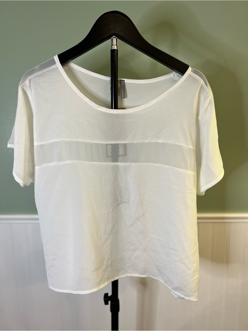 NEW- Paper Crane White Short Sleeve Top with Sheer Panel. Size S
